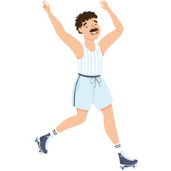 Pixelated Man With Mustache Wearing Striped Tank Top and Blue Shorts Riding Roller Skates With Arms Raised in Celebration on Transparent Background