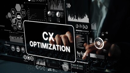 Businessman Engaging in CX Optimization with Digital Analytics and Graphs on Interactive Screen. Asymptotic smart data analytic.