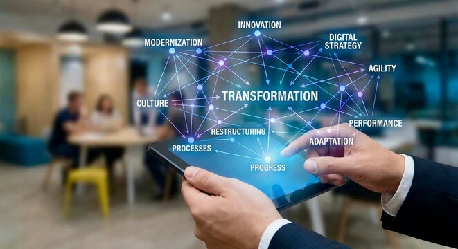 business man drawing social network concept. Driving Business Transformation Through Digital Innovation  - Powered by Adobe