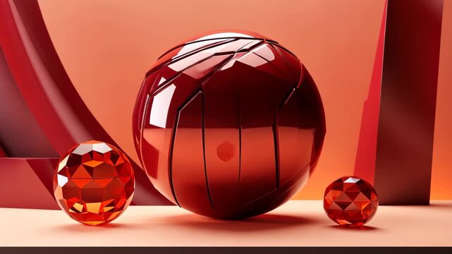 Geometric Red Spheres in Studio: A modern studio arrangement showcasing three red spheres of varied sizes, reflecting light and shadow. The abstract composition features a central, segmented sphere.