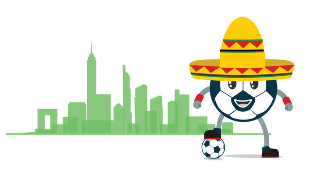 Great editable vector file of world soccer or football tournament mascot icon in the front of landmark buildings of mexico and colors as country symbol with modern style best for your design and print