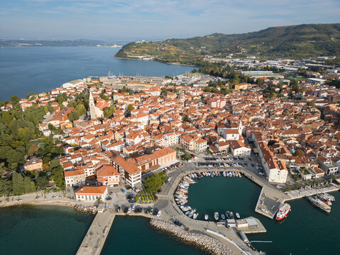 Panoramic Aerial View of Izola, a Historic Coastal Town on the Slovenian Adriatic Sea