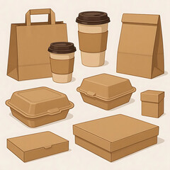 Take away packaging set. Collection of food container, paper bags, coffee cups, cardboard boxes. Cafe, restaurant delivery concept. Vector illustration.