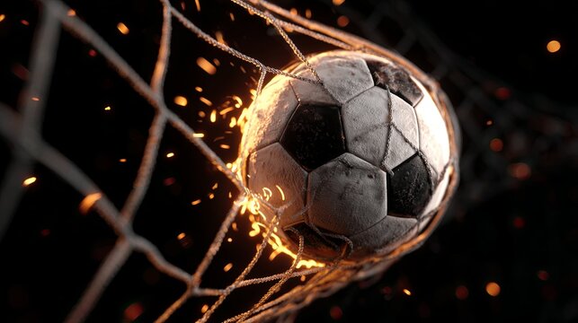 Soccer Ball on Fire with Scoring Goal Against a Dark Background Dynamic Concept.