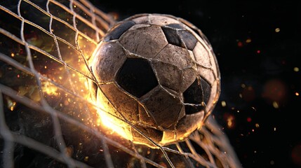 Fiery Soccer Goal Burning Ball Scores Sports Action Against Black Background.