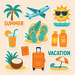 Summer stickers set. Tropical holiday, vacation on beach collection. Plane, airport luggage, sunscreen and other travel elements. Modern cartoon concept. Vector illustration