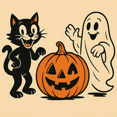 Retro Halloween characters set. Cartoon comic cat, pumpkin and ghost collection. Vector illustration.