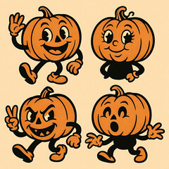 Retro Halloween character set. Cartoon comic groovy pumpkin collection. Vintage holiday season. Vector illustration.