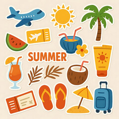 Summer stickers set. Tropical vacation on beach scrapbooking collection. Plane, ticket, sunscreen and other travel elements. Modern cartoon concept. Vector illustration
