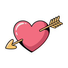 A pink heart pierced by a golden arrow, symbolizing love and affection, isolated on a classic symbol for valentines day and romantic gestures