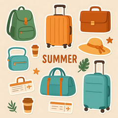 Summer stickers set. Types of baggage for airport collection. Rucksack, suitcase, briefcase and other travel bags, hand luggage and elements. Modern cartoon concept. Vector illustration.