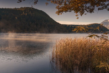Morning landscape over Lake Monticolo in Eppan, South Tyrol, Italy.
