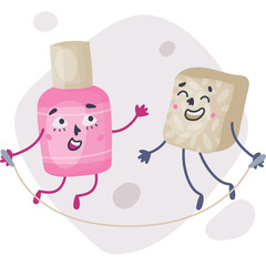 Playful Pink Nail Polish Bottle and Tan Food Item Joyfully Skipping Rope Together on a Soft Lilac Background