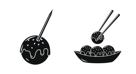 Black and white illustration of takoyaki balls with chopsticks and a plate