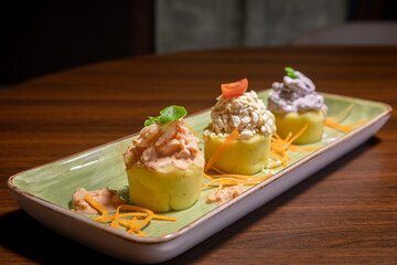 Traditional Peruvian food, trio of causas