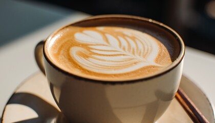 Warm Ceramic Cup Filled With Creamy Latte Art Featuring A Delicate Leaf Pattern Bathed In Soft Sunlight On A White Saucer With A Wooden Stirrer A Cozy Morning Beverage