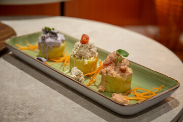 Traditional Peruvian food, trio of causas
