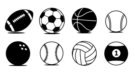 Obraz premium Collection of Various Sports Balls in Black and White Outline.