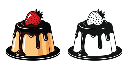Two delicious chocolate puddings topped with fresh strawberries color and monochrome