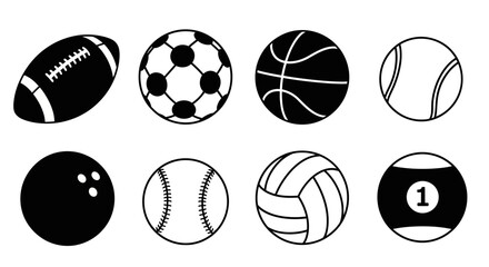 Fototapeta premium Collection of Various Sports Balls in Black and White Vector Graphics.