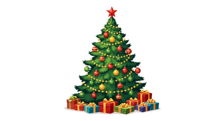 Decorated Christmas Tree with Gifts, Ornaments, and Star Topper.