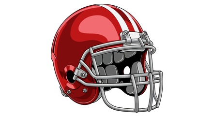 Naklejka premium Red Football Helmet with White Stripes and Gray Facemask.