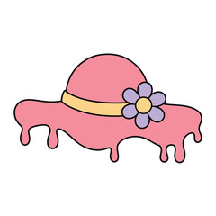 Fototapeta premium A whimsical pink hat with a dripping brim and a delicate purple flower, isolated on this charming illustration evokes a sense of playful elegance