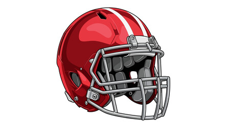 Naklejka premium Red Football Helmet with White Stripes and Silver Facemask.
