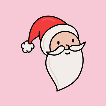 Minimalist Vector Icon of Santa's Head with Red Hat and Fluffy Pompom Happy Face and White Beard Isolated on Pink Background