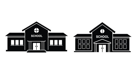 Two simple black and white illustrations of school buildings side by side
