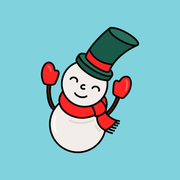 Minimalist Icon of Snowman with Red Mittens, Scarf and Green Hat Smiling Isolated on Light Blue Background