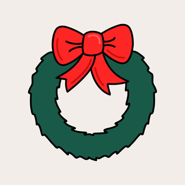 Minimalist Wreath Icon Isolated on Clear Background with Big Red Bow Ribbon