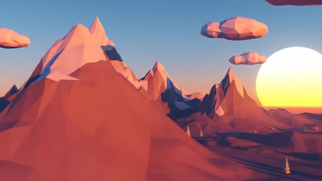 Low Poly Landscape Majestic Peaks, Golden Sunset, and Tranquil Horizons