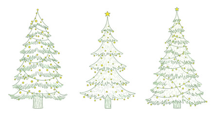 Three Christmas Trees with Lights and Ornaments in a Row.