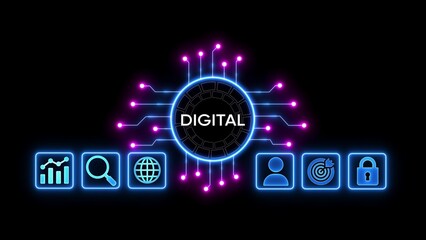 Glowing neon digital circuit board with icons for analytics search global network user target and security on black background