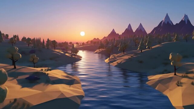 Tranquil Low Poly Landscape River, Mountains, and Sunset Glow
