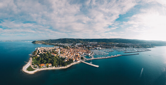 Panoramic Aerial View of Izola, a Historic Coastal Town on the Slovenian Adriatic Sea - Powered by Adobe