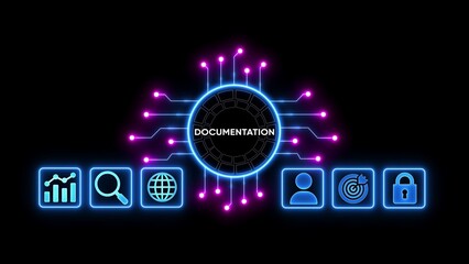 Neon glowing circuit board with central circle displaying the word D O C U M E N T A T I O N and surrounding icons for analytics search globe user target and lock on black background