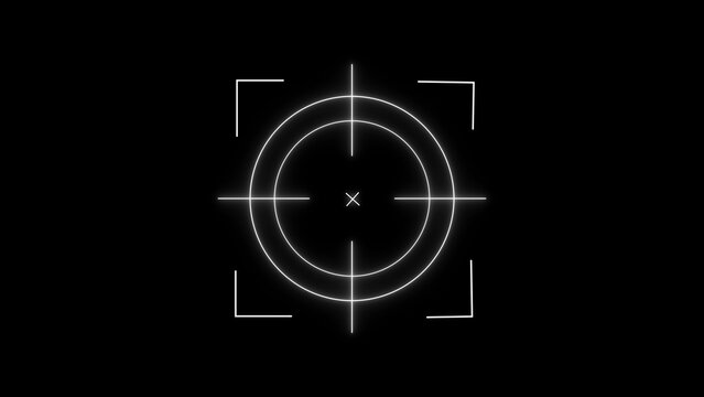 White crosshair reticle with concentric circles and corner brackets on black background target scope