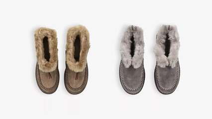 Cozy winter footwear collection featuring fur-lined boots in neutral tones for comfort and style.