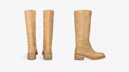 Elegant tan leather knee-high boots with a chunky heel and a smooth finish for stylish fall and winter looks.