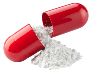 Open Capsule Pill with Scattered Powder Particles