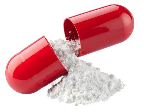 Open Capsule Pill with Scattered Powder Particles