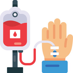 Medical Illustration of a Hand Receiving Intravenous Fluid Infusion From a Drip Bag With Red Liquid and a Droplet Symbol on a Transparent Background