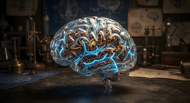Transparent Glass Human Brain with Golden Clockwork Gears and Neon Neural Pathways, AI Concept