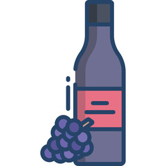 Purple bottle with pink label and grapes in front on a transparent background featuring a flat design style and rich color saturation representing beverage and fruit themes