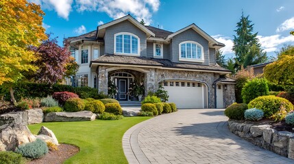 Obraz premium Luxury house with beautiful landscaping on a sunny day. Home exterior.