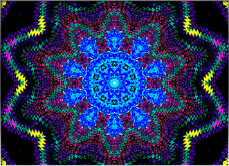 A colorful symmetric pattern forms a striking mandala with a vivid blue core. Radiant zigzag patterns in multiple colors highlight the intricate design.