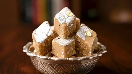 Traditional sweets served in silver bowl for festive occasion