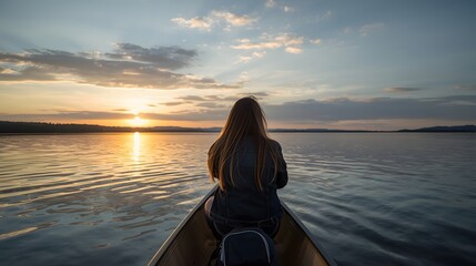 Serene outdoor scene of a lone traveler paddling a canoe across a calm reflective lake at sunset, capturing the peaceful adventure, golden light, and quiet connection with nature in a tranquil wildern